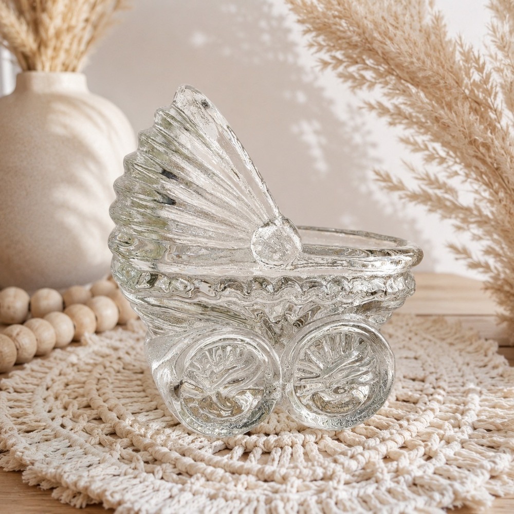 Vintage Glass Baby Carriage Trinket Dish Clear Pressed Nursery Decor MCM Decor